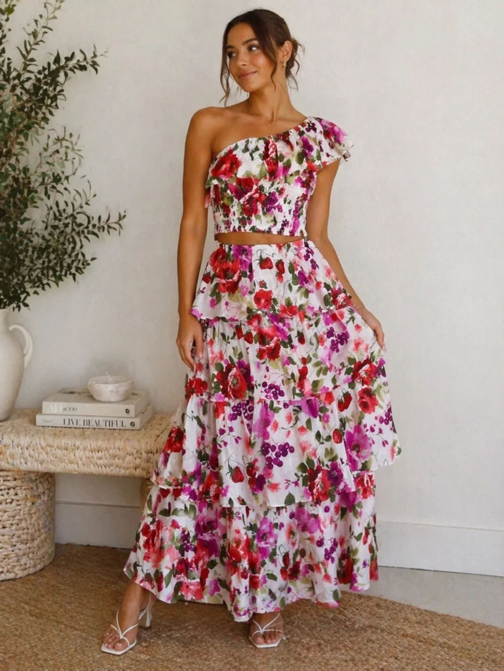 Abercrombie & Fitch One Shoulder Smocked Crop Top | Floral Strawberry Print